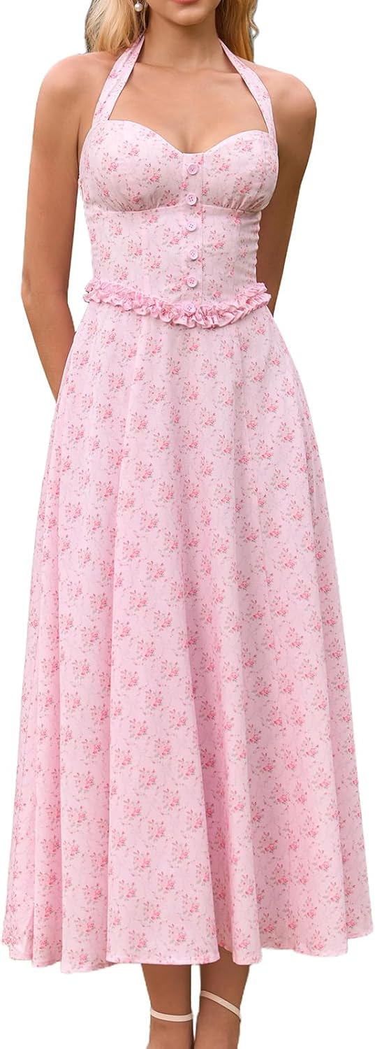 XinFSh Women's Summer Floral Halter Corset Wedding Guest Midi Dress Flowy A Line Tea Party Dresses 2026