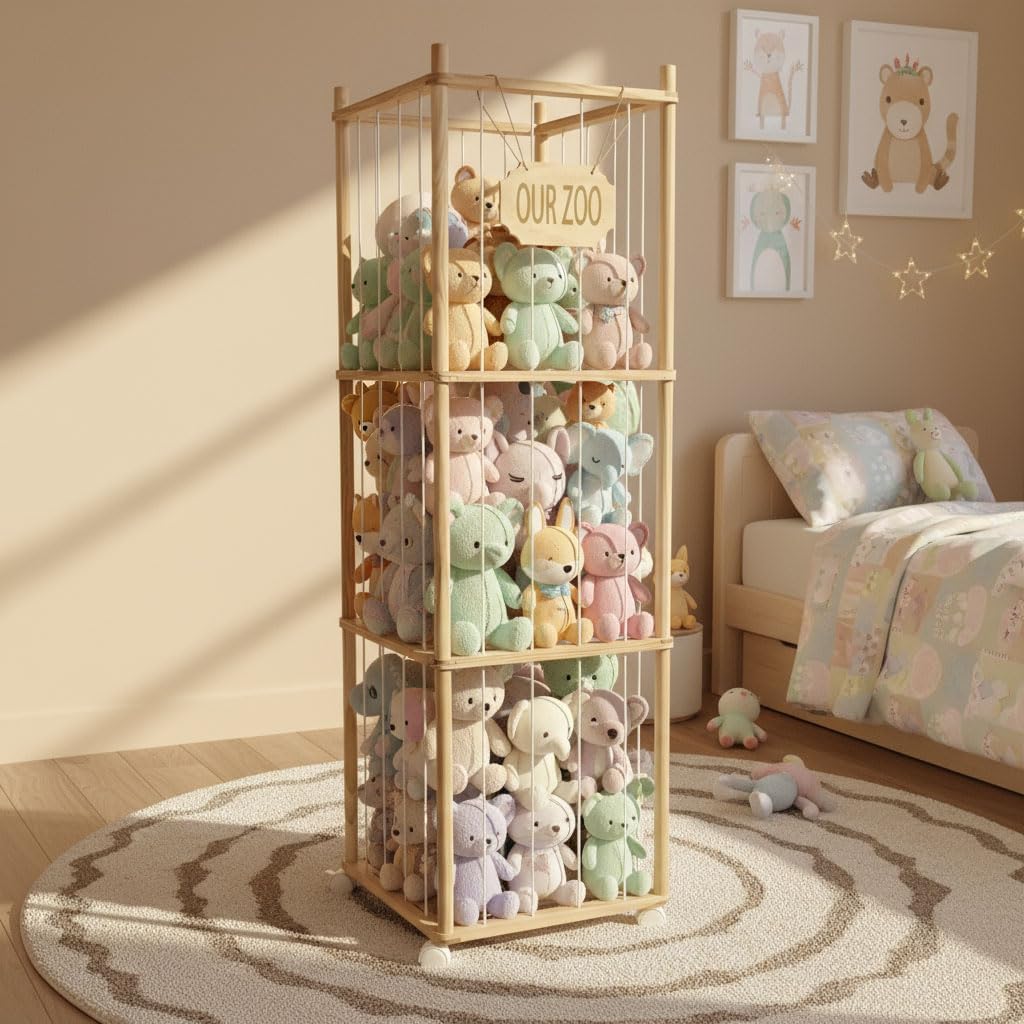 stuffed animal storage wooden vertical extra large standing bin stuffy teddy bear our zoo soft toy organizer plushies holder tower for bedroom nursery playroom living room with wheels—53inch