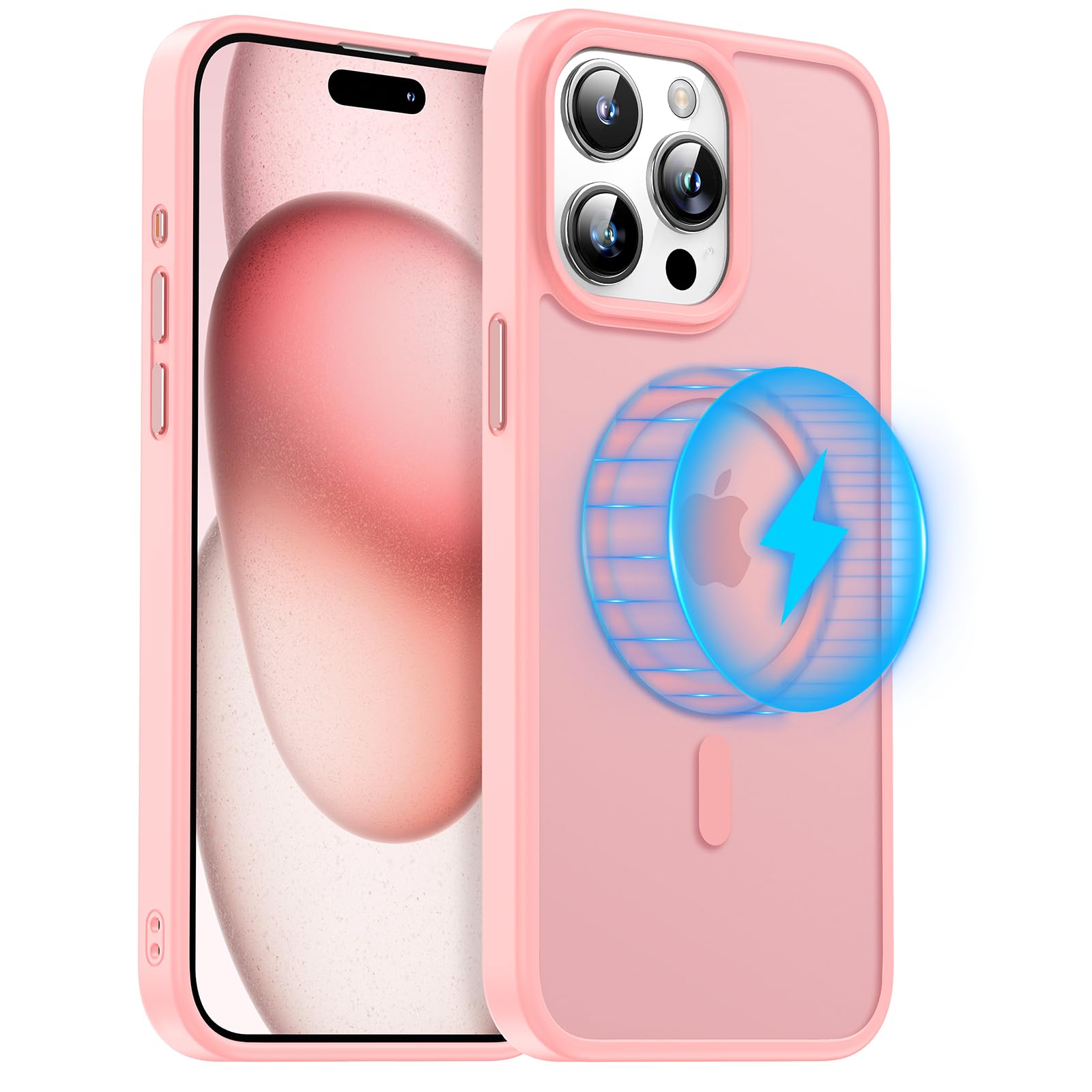 Meifigno Magic Mag Series Designed for iPhone 15 Pro Max Case, [Military Grade Protection & Compatible with MagSafe], Translucent Matte Back with Aluminum Alloy Keys, for iPhone 15 Pro Max, Light Pink