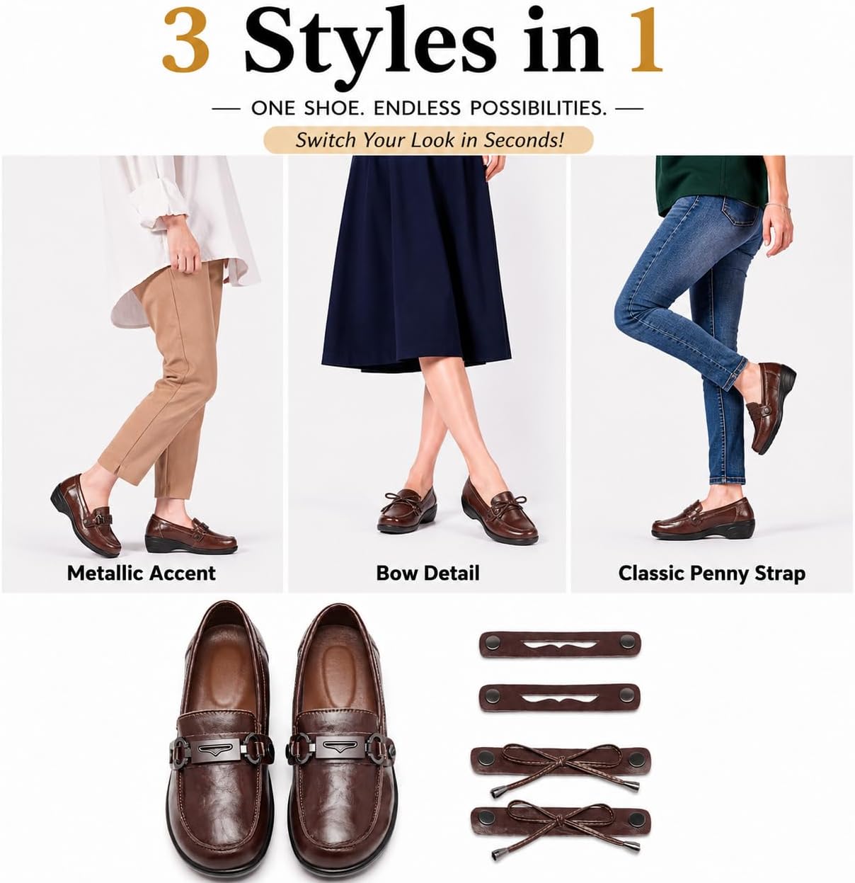 3-in-1 Loafers for Women – Interchangeable Bow, Penny & Chain Slip-On Loafers with Arch Support & Memory Foam