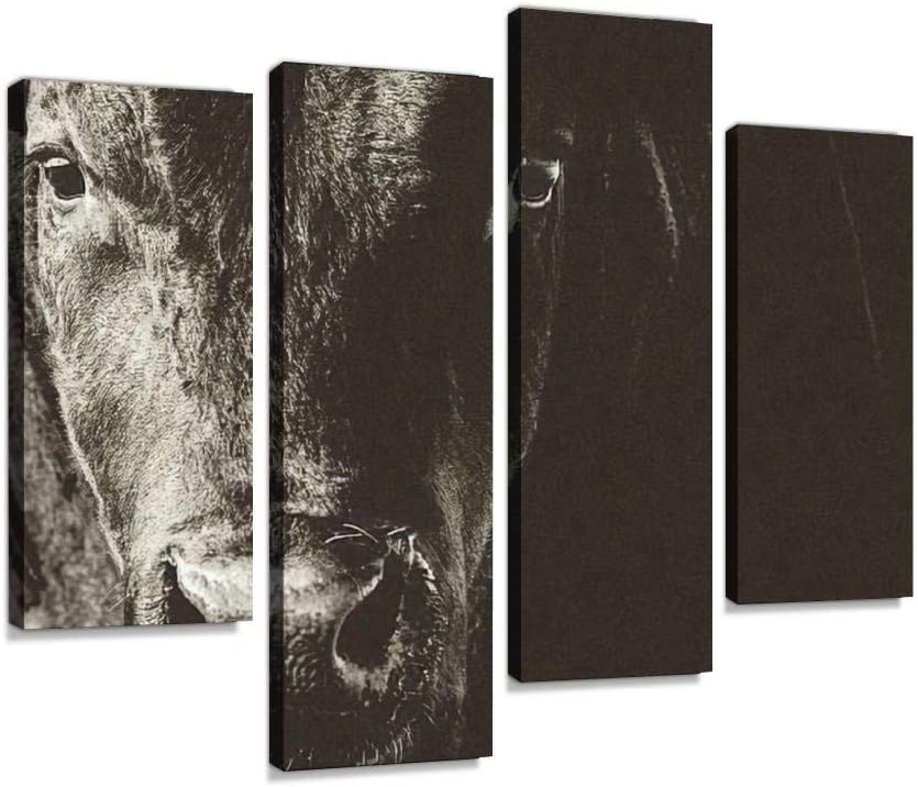 Black Angus Bull Head Face Closeup Black White Canvas Print Artwork Wall Art Pictures Framed Digital Print Abstract Painting Room Home Office Decor Ready to Hang 4 Panel