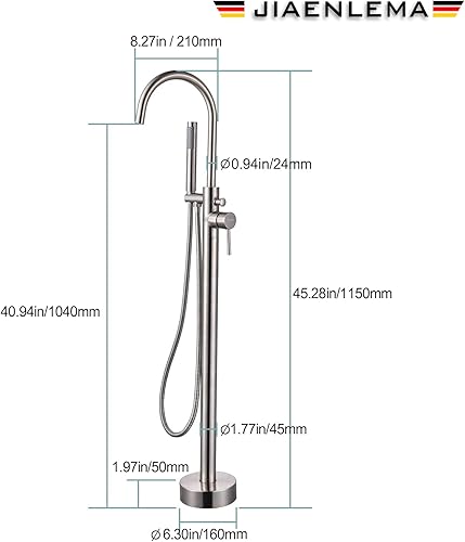 Miniatura 6 de Grifo de bañera independiente moderno de níquel cepillado con ducha de mano, manguera de ducha de 59 pulgadas, montaje en el suelo, relleno de