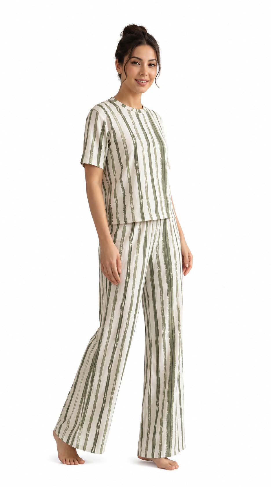 Women's Olive Green Striped Printed Co-Ord Set | Half Sleeve Round Neck Top & Straight Fit Pants | Soft Cotton Blend Casual Lounge Wear | Two-Piece Matching Outfit|MAHENDI-picture-58