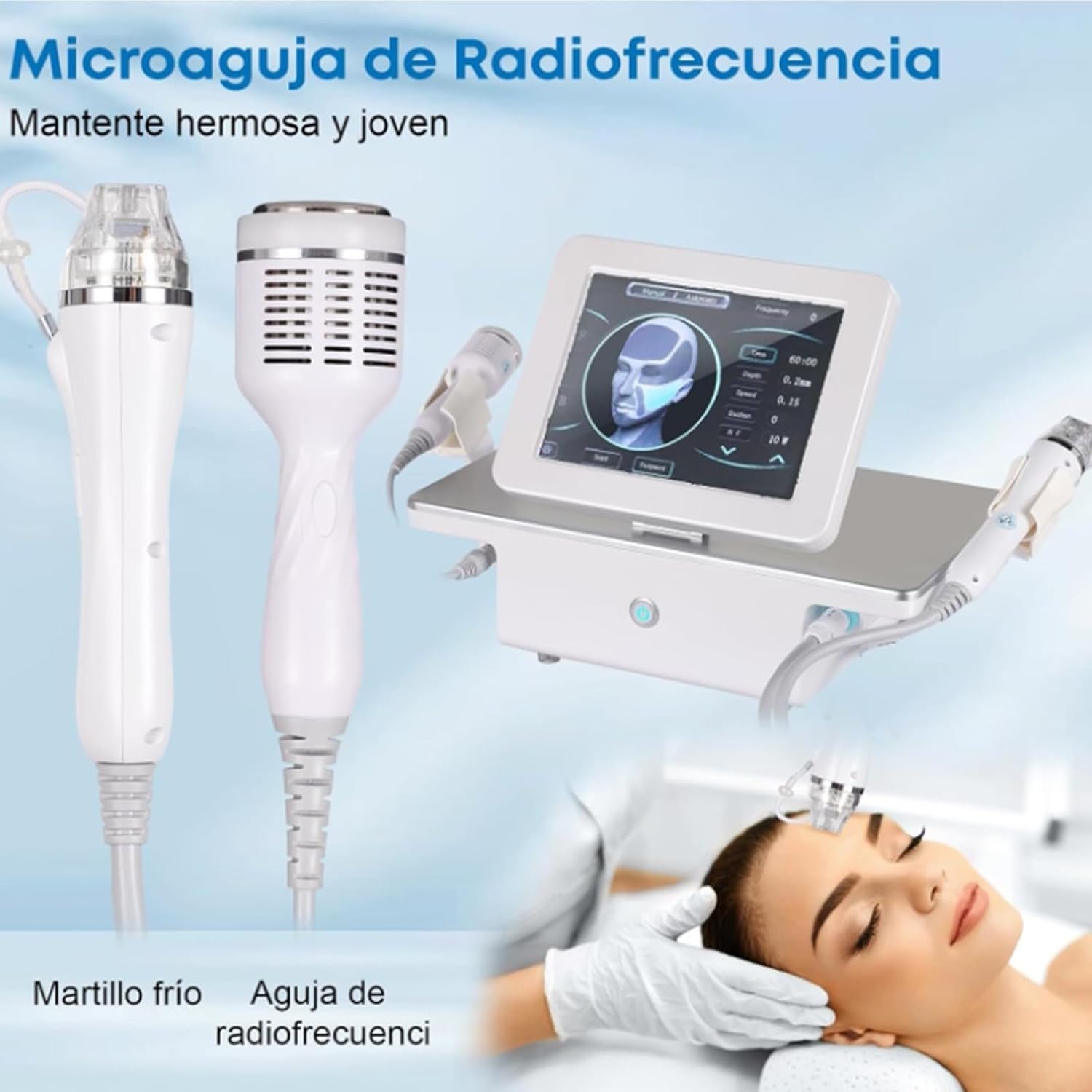Image showing the Radiofrequency Micro-needle handle and the Cold Hammer handle, emphasizing their roles in maintaining youthful skin.