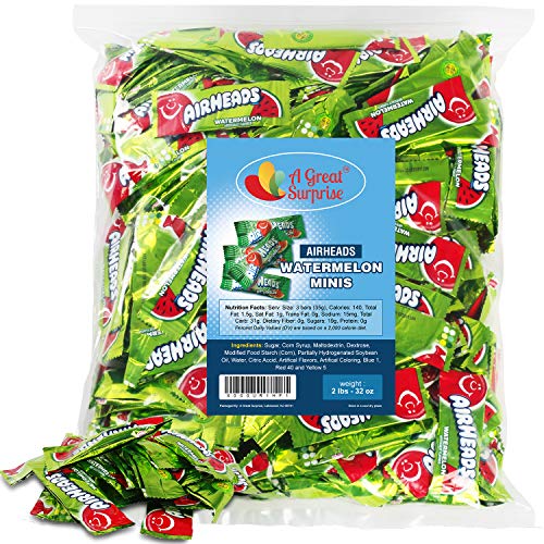Airheads Bulk - Bulk Candy - Green Candy - Air Heads Mini Bars Watermelon Flavor Chewy Fruit Candies 2 lb Party Bag, Family Size