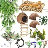 Foilswirl 14 Pcs Gecko Tank Accessories Coconut Hut with Ladder Lizard Coco Hut Reptile Hammock Climbing Hanging Plants Climber Jungle Vines for Bearded Dragon Lizard Chameleon Tortoise Snake