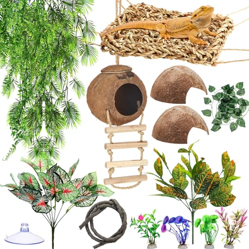 Foilswirl 14 Pcs Gecko Tank Accessories Coconut Hut with Ladder Lizard Coco Hut Reptile Hammock Climbing Hanging Plants Climber Jungle Vines for Bearded Dragon Lizard Chameleon Tortoise Snake