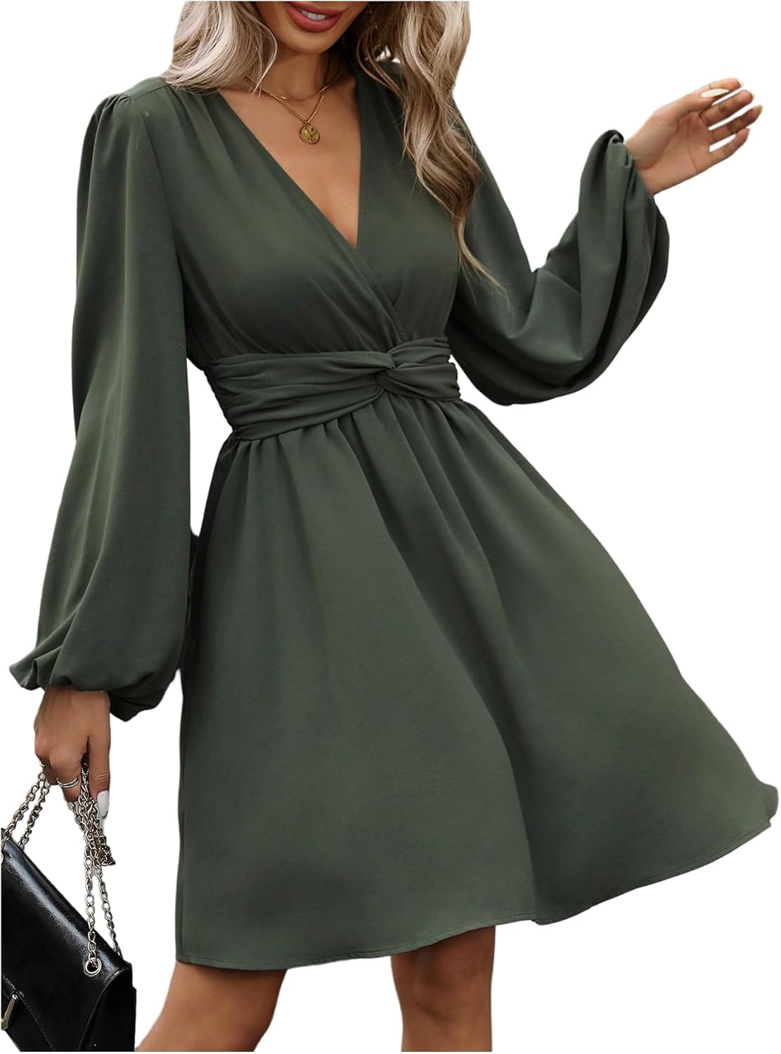 Floerns Women's Elegant Lantern Long Sleeve Deep V Neck Fall Dress Work Office Twist Front Prom Formal A Line Short Dresses