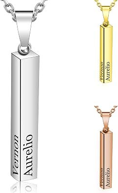 Amlion Personalized 4 Sided Vertical Engraved 3D Bar Necklace,Custom Pendant Necklaces