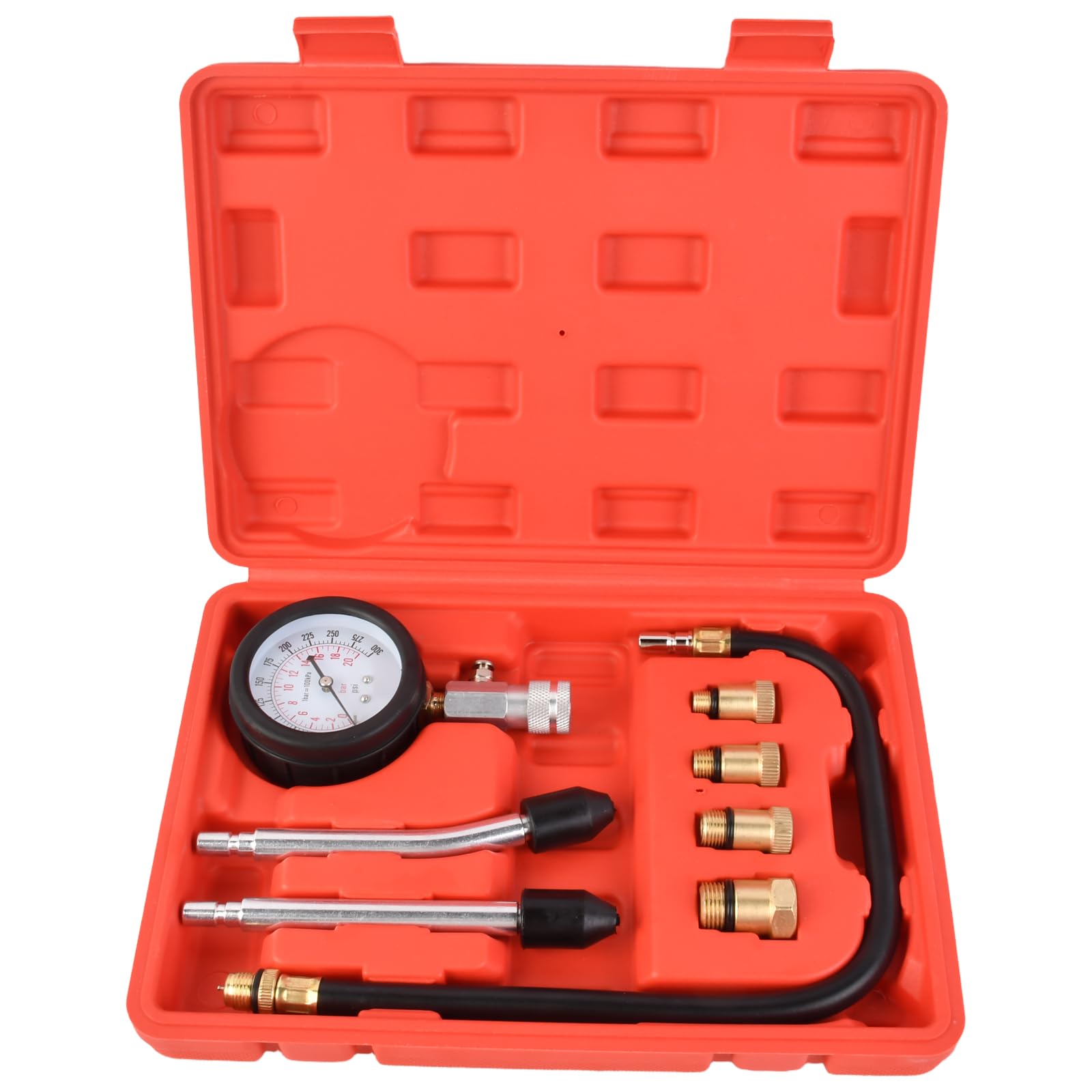Tester di compressione a benzina, misuratore di compressione con spessimetro e 4 adattatori M10, M12, M14, M18, misuratore di compressione di ricambio per auto, moto, camion, motore a benzina
