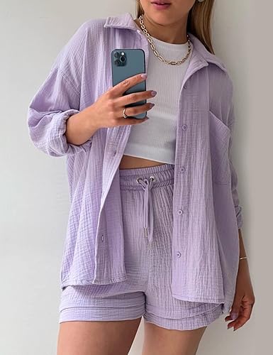 Miniatura 2 de Flygo Conjunto casual de 2 piezas para mujer, conjunto de algodón y lino, camisa de manga larga y pantalones cortos a juego