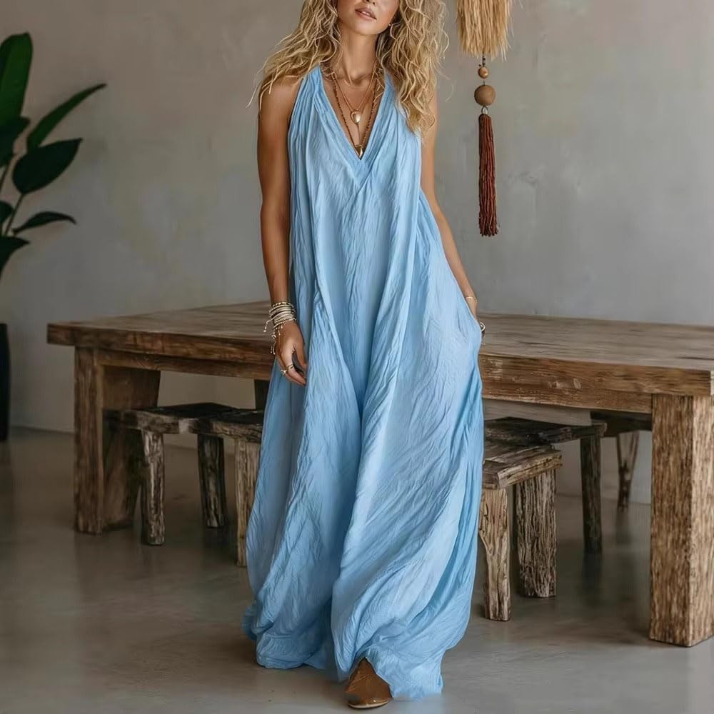 Abito lungo estivo da donna senza maniche con scollo a V