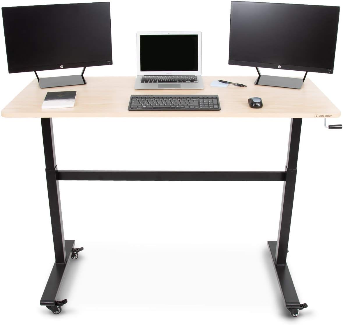 Stand Steady Tranzendesk | 55 Inch Standing Desk with Detachable Wheels | Crank Height Adjustable Sit to Stand Workstation | Modern Ergonomic Desk Supports 3 Monitors  (Maple)