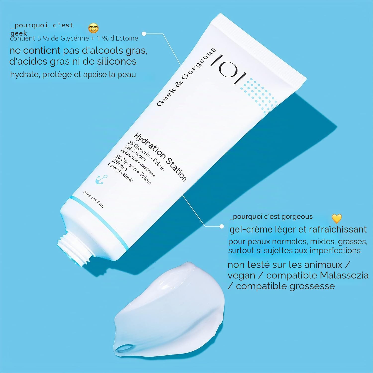 Geek & Gorgeous HYDRATION STATION - Gel-crème léger et rafraîchissant - Soin hydratant avec Glycérine et Ectoine - Pour peau normale, grasse et mixte - Tube de 50 ml