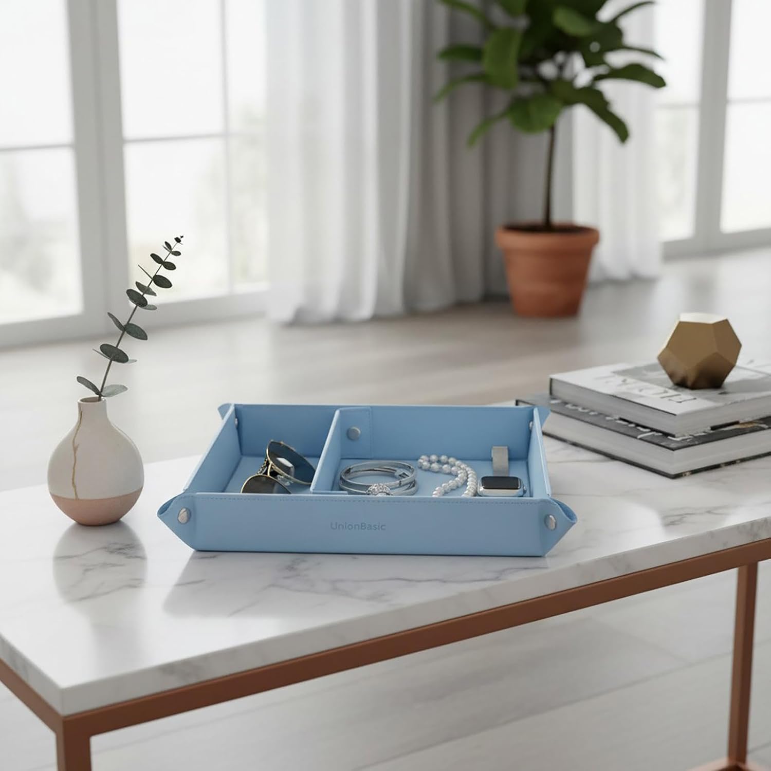 UnionBasic Medium Jewelry Tray for Rings Watches Earrings, Entryway Catchall Caddy for Coins Keys Change, Nightstand Bedside Valet Holder, Trays for Electronic Gadgets, Blue Plus image 5