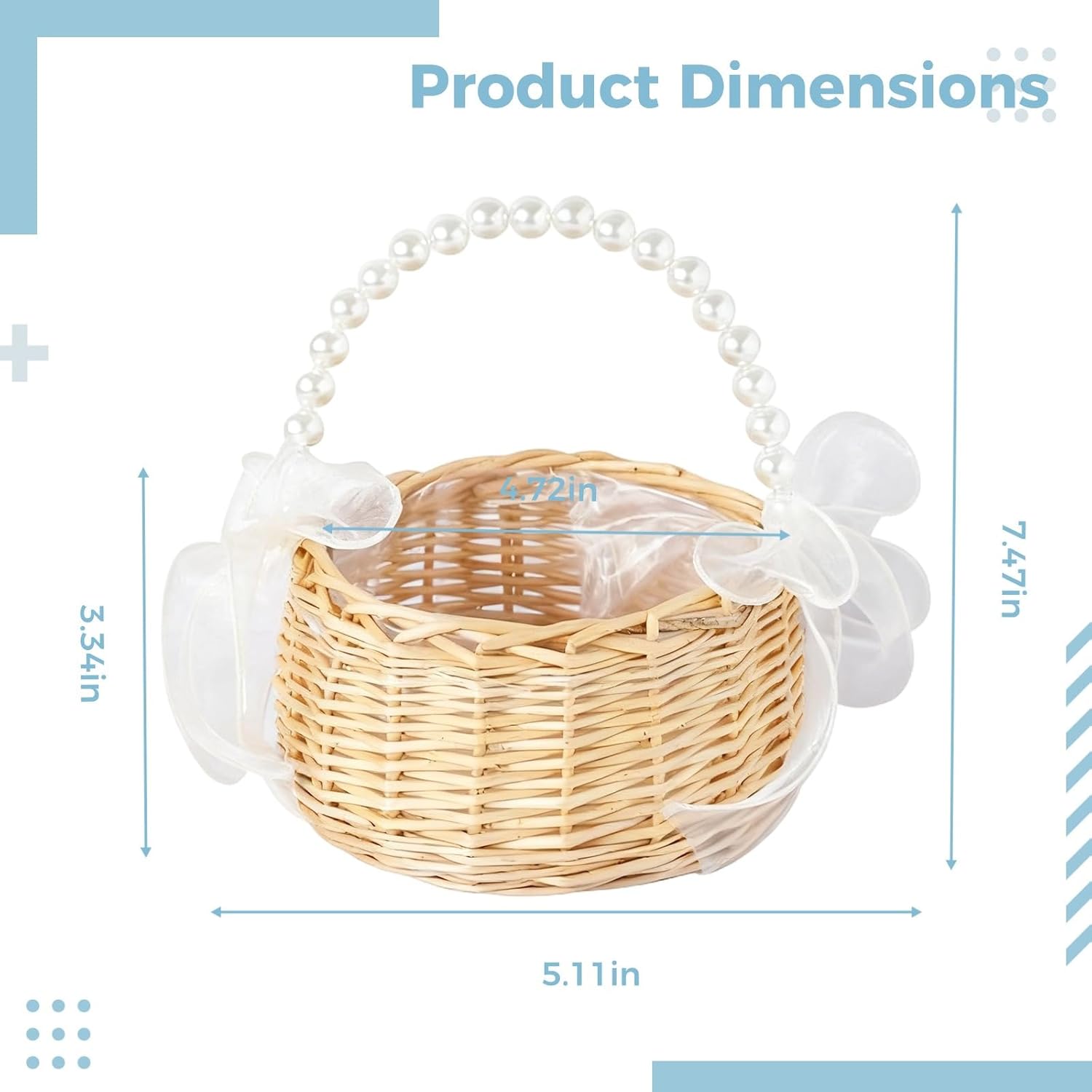 4 Pcs Flower Girl Wicker Basket, Pearl Handle, Light Yellow Handwoven, Wedding Party Gift Packing, 5.1 in