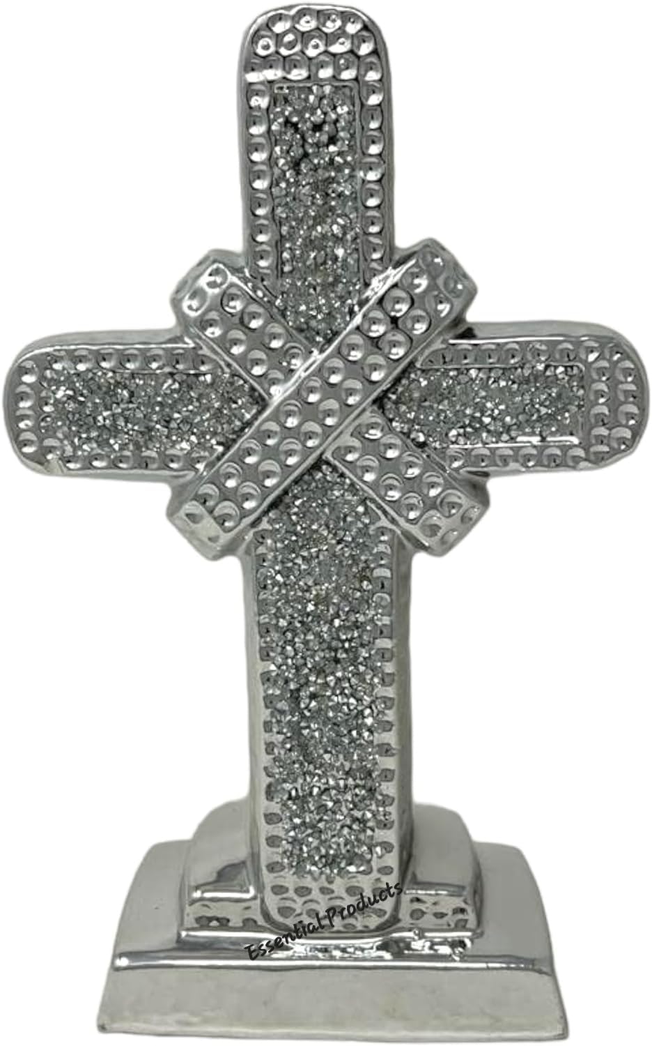 Essential Products Silver Crystal Crushed Diamond Jesus Cross Ornaments Hollow Out Church Cross Christian Crucifix Collectible Jesus Figurines Relics Sculpture Bling Ornament Wedding Birthday,Office,Home,Christmas Decor