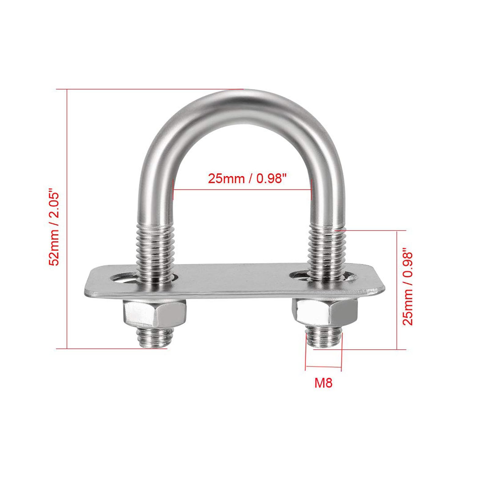 TOP-VIGOR 2 sets M8 Round U-Bolts, 25mm Inner Width 52mm Length 304 Stainless Steel Tie Down U-Bolts with Nut - Image 2