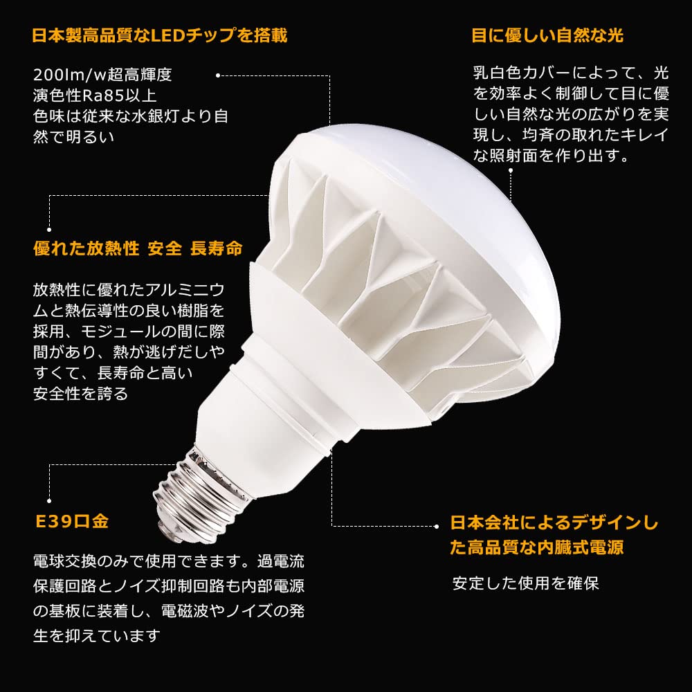 Amazon | LEDバラストレス水銀灯 50W E39 PAR56 ビーム球 電球色 白色