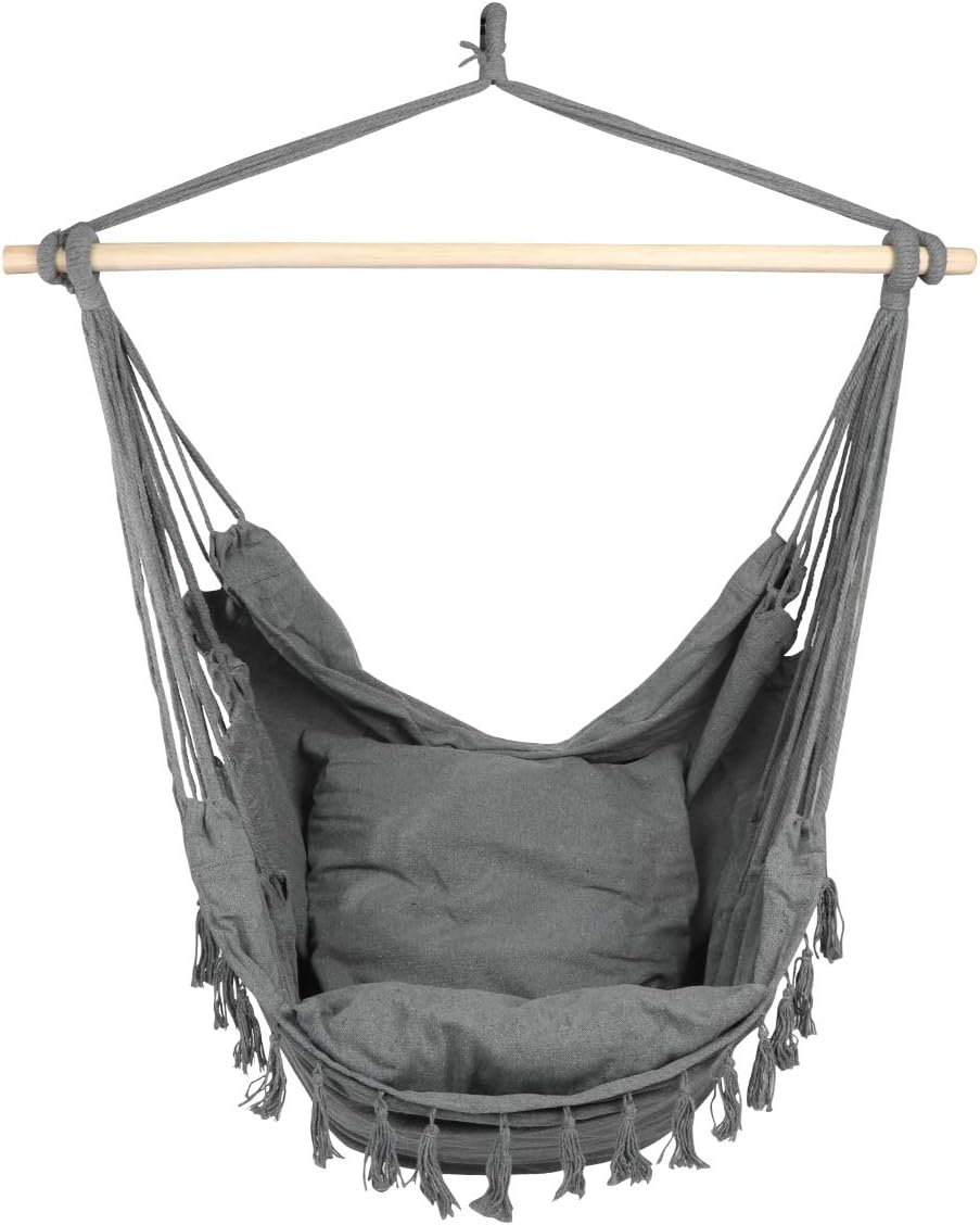 Caromy Hammock Chair Hanging Rope Swing Seat with 2 Cushions Swing Chair for Yard, Bedroom, Patio, Garden, Indoor, Outdoor (Grey)
