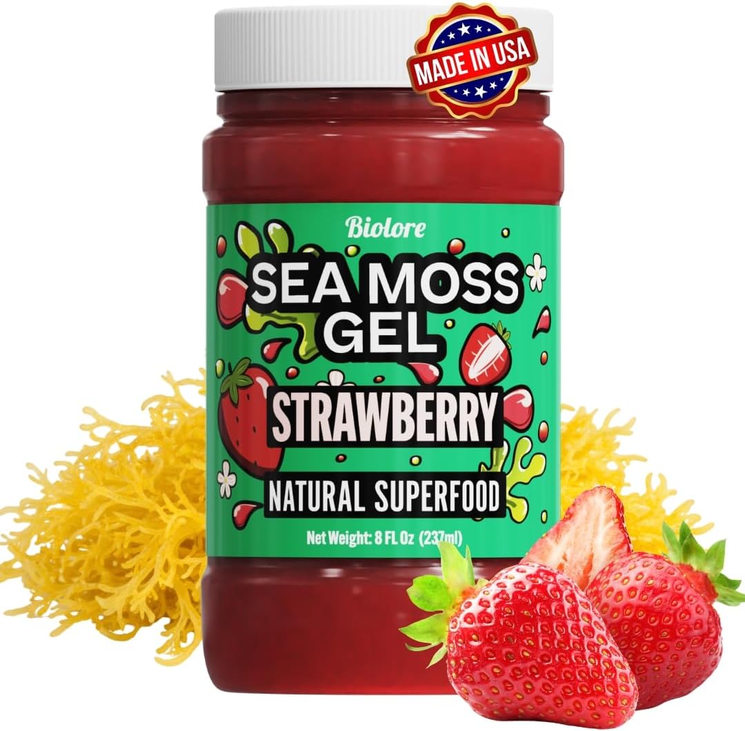 Biolore Sea Moss Gel Strawberry – Flavored Superfood with Natural Electrolytes – Wildcrafted Mango Jam Sea Moss, with Minerals, Vegan, Made in USA – 8oz Trial Size