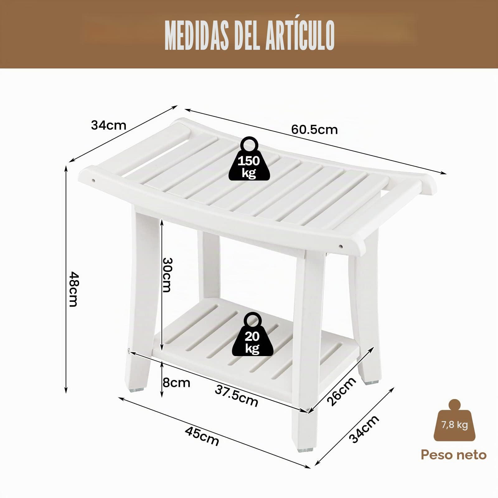 RELAX4LIFE Taburete de Baño Sólido de 2 Niveles, Banco de Ducha de HDPE Resistente al Agua con Toallero de Asiento Curvo, Taburete Bajo con Estante de Almacenamiento con Esquinas Redondeadas, Blanco