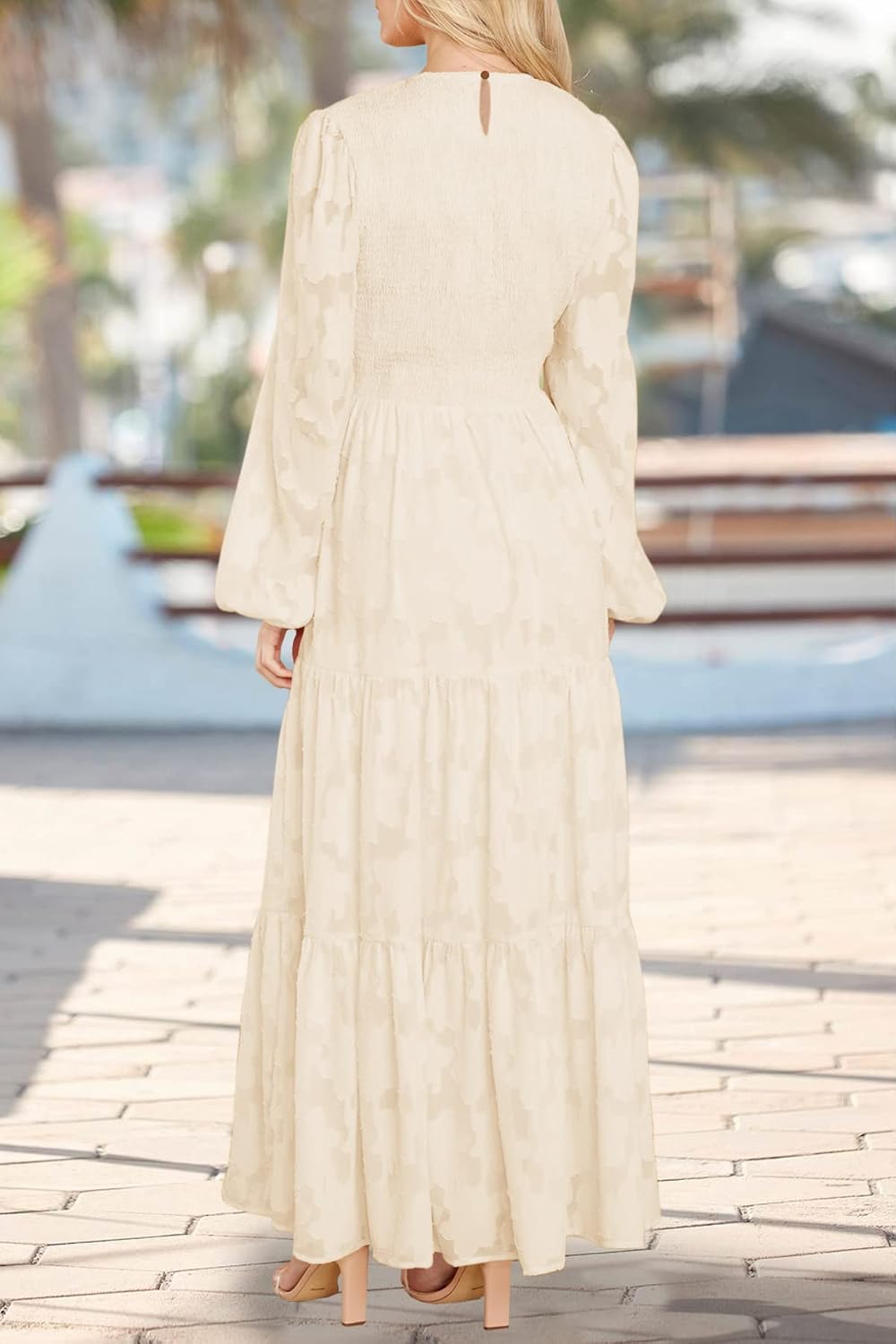 MITILLY Women's Elegant Floral Long Sleeve Round Neck Smocked A-Line Flowy Tiered Maxi Dress with Pockets - Image 3