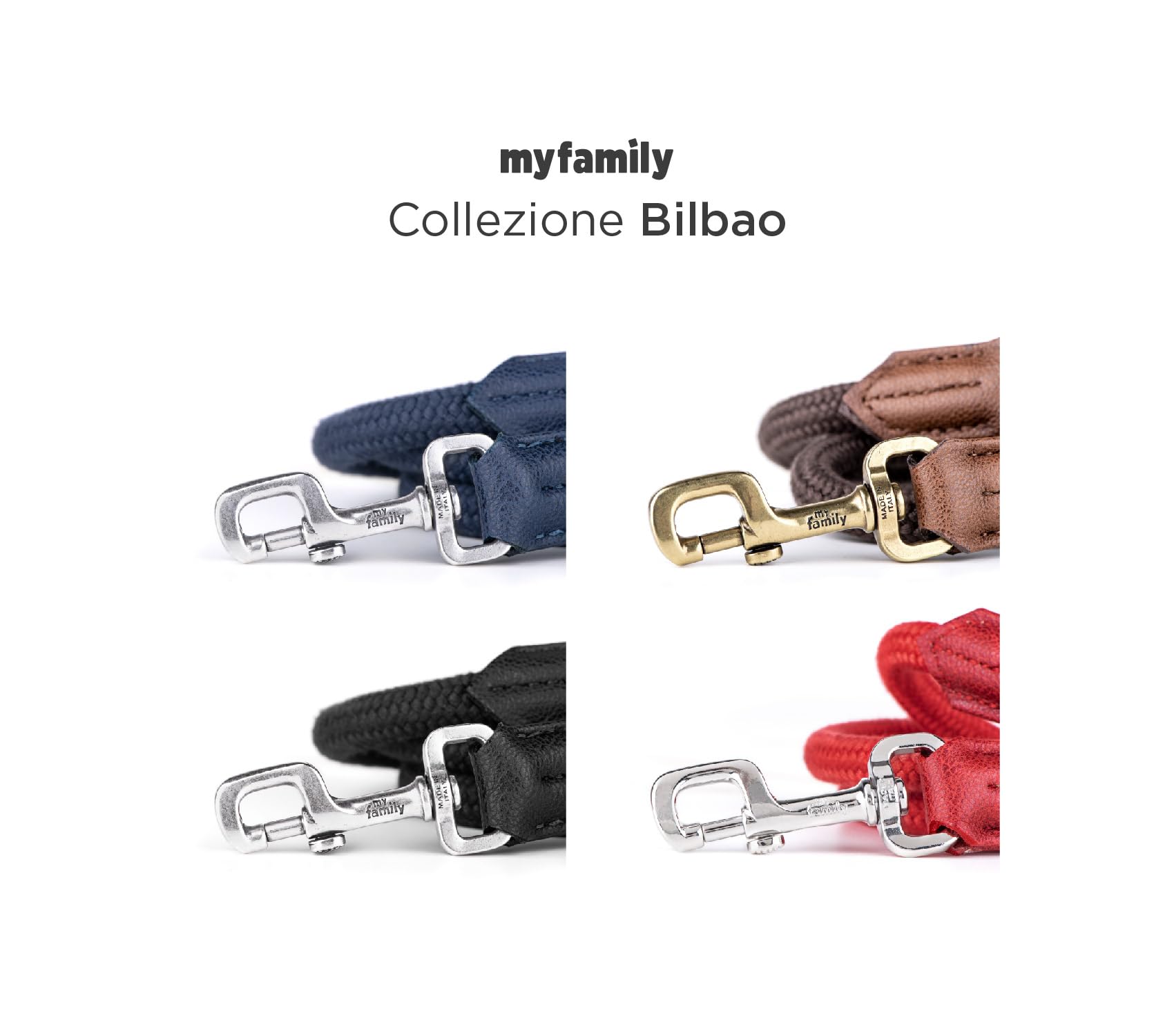 MyFamily Guinzaglio per Cane in Fibra Sintetica e Corda Italiana Made in Italy, Finiture Metalliche in Bronzo Bianco, Pratico e Confortevole, Fatto a Mano, Collezione Bilbao