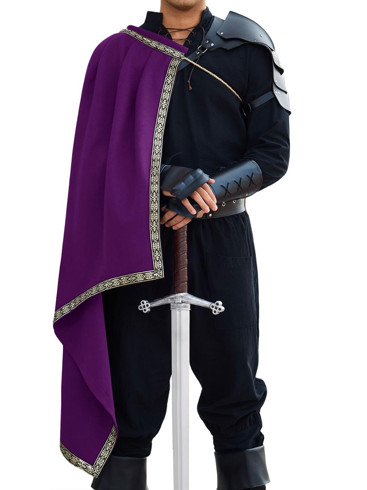Runcati Renaissance Costume Men's Medieval Tunic Viking Vest Cape Halloween Carnival Cosplay Tops Vintage Hooded Coat Purple L