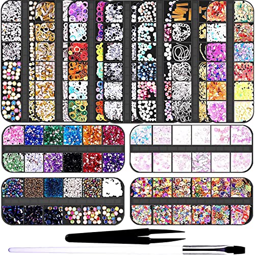 Bozony Conjunto de glitter para unhas, pedras preciosas com strass, decorações com strass, pinças e