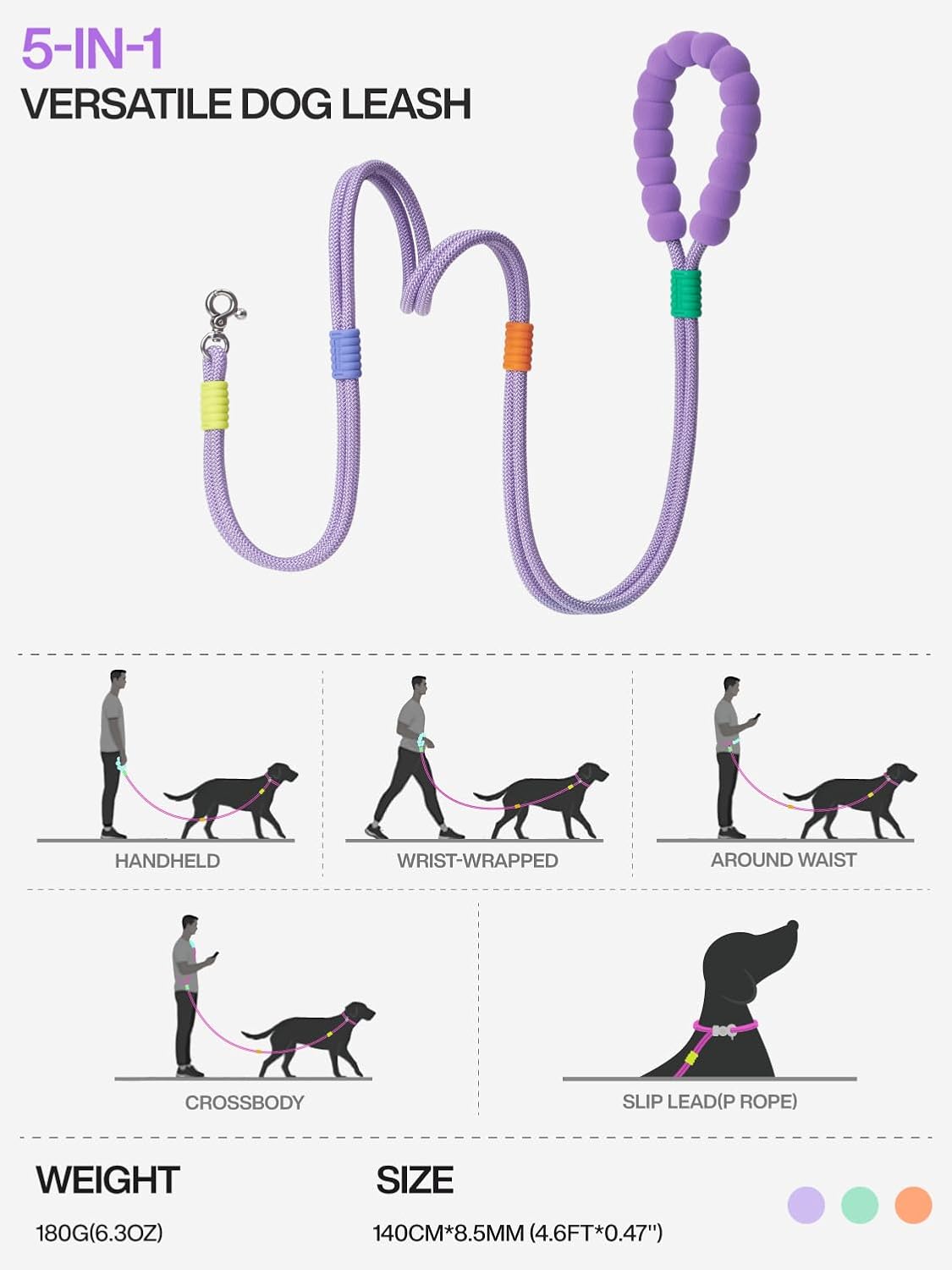 5-in-1 Multifunctional Waist Leash with Padded Handle & Zinc Alloy Clip, Adjustable Hands Free Dog Leash for Running & Walking