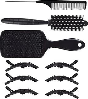 Combo Of Hair Styling 6 Pcs Hair Clips Sectioning Crocodile hair clips With Professional Rectangular Cushion Paddle Hair Brush, Round Hair Brush and Tail Comb