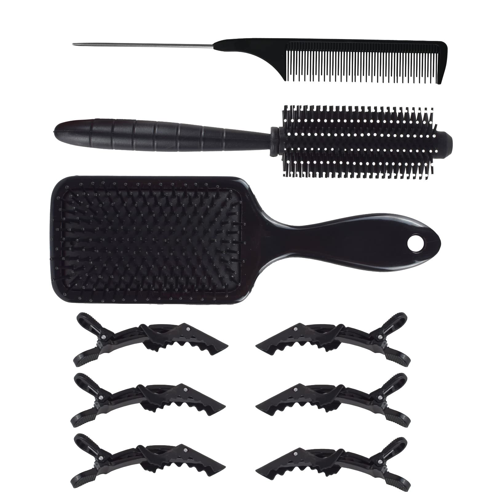 VEDETIC® Combo Of Hair Styling 6 Pcs Hair Clips Sectioning Crocodile hair clips With Professional Rectangular Cushion Paddle Hair Brush, Round Hair Brush and Tail Comb