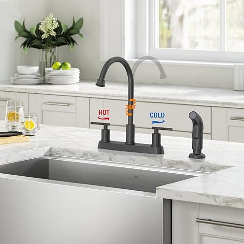 Miniatura 2 de Grifo de cocina negro mate, grifo de fregadero de cocina de 2 manijas con rociador lateral, grifo de cocina de 3 o 4 agujeros para fregaderos de
