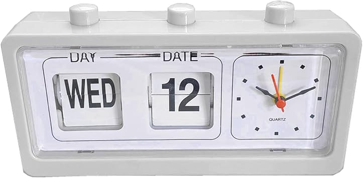 Headerbs Manual Jump Calendar Alarm Clock, Fashionable Manual Calendar Clock Table Stable for Study Room (White)