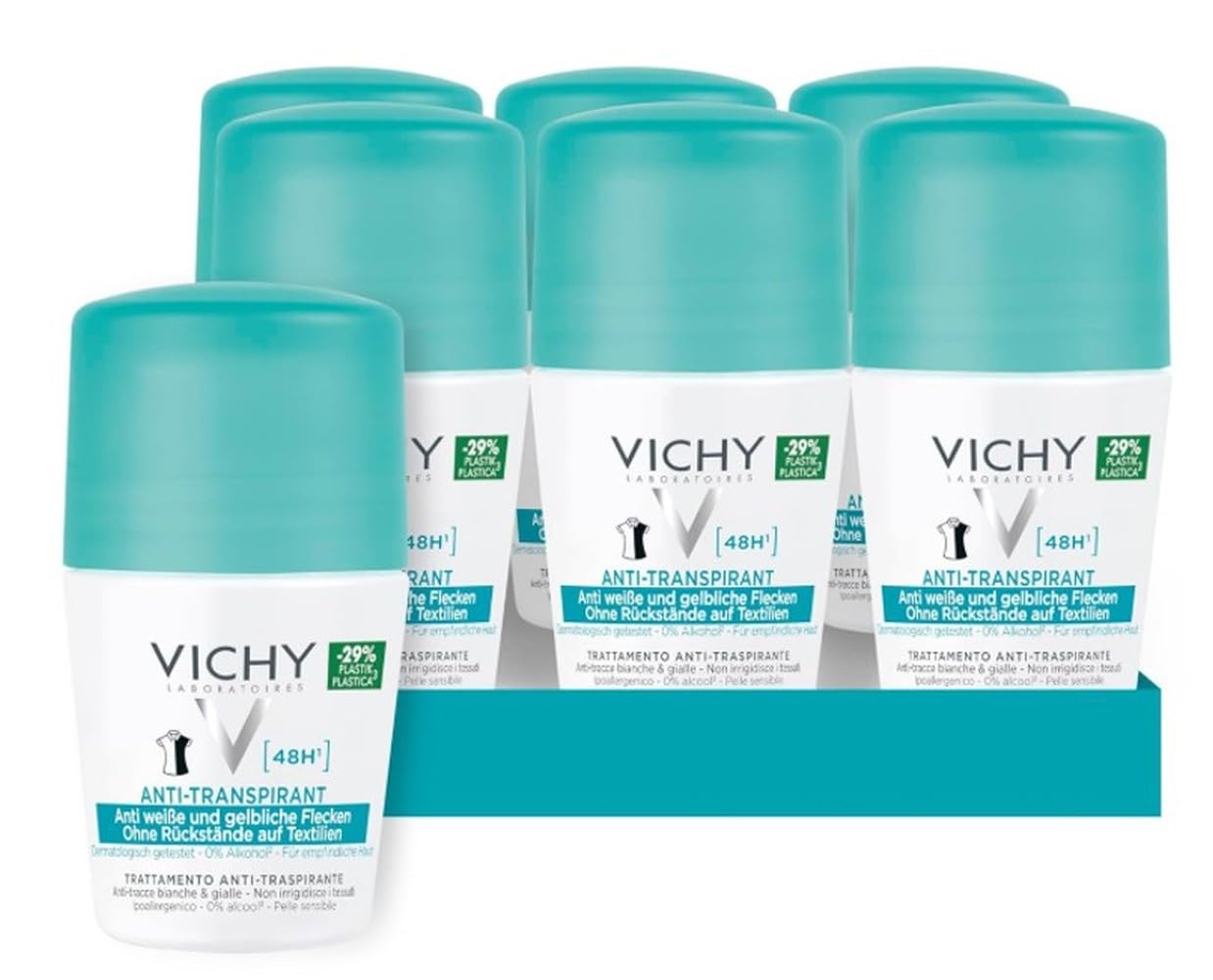 Vichy Anti-Transpirant 48h gegen Flecken, Deo-Roll-on für Frauen und Männer, Schweiß- und geruchshemmend, Keine Spuren auf der Kleidung, Mit Thermalwasser aus Vichy, Für empfindliche Haut