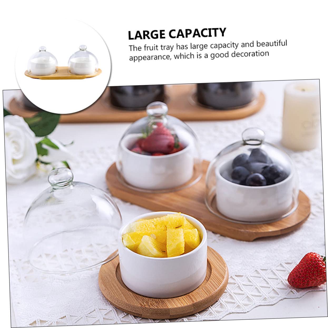 IMIKEYA 2 Juegos Bol para Postres y Frutas con Tapa Transparente y Bandeja para Hogar Hotel y Restaurante y Fácil de Limpiar