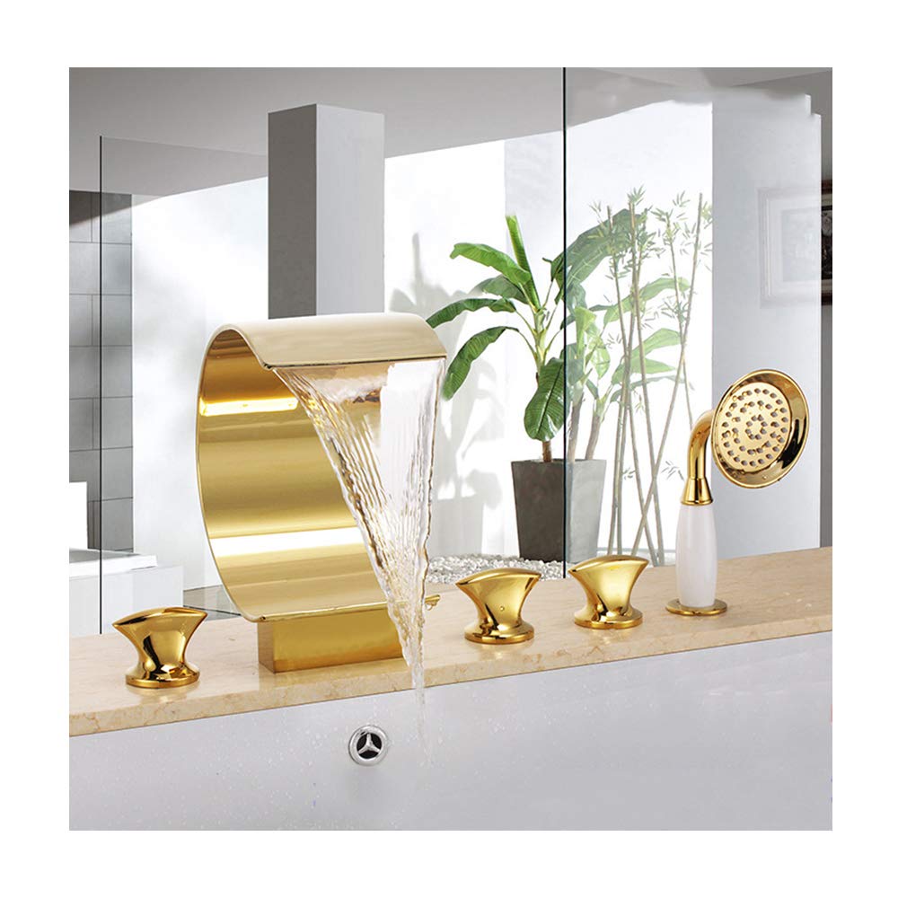 BHGFYXBS Waterfall Bathtub Faucet With Cold And Hot Water Brass Deck Mounted Shower Mixer Taps 5 Holes 3 Handles Multifunctional Bathtub Faucet Set With Handheld Shower, Titanium