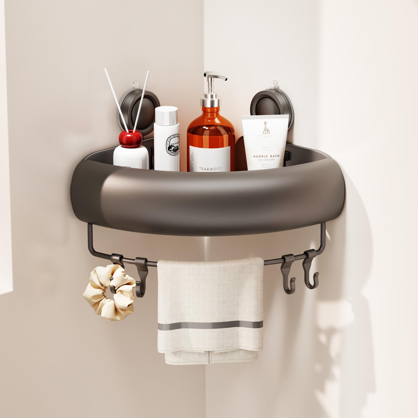 Voldra Corner Shower Caddy Suction Cup, Arc Shower Shelf Coner No Drilling Bathroom Coner Shelves Suction Shower Organiser Rack Adhesive Corner Caddy with Towel Bar Wall Mounted(1-Pack, Grey)
