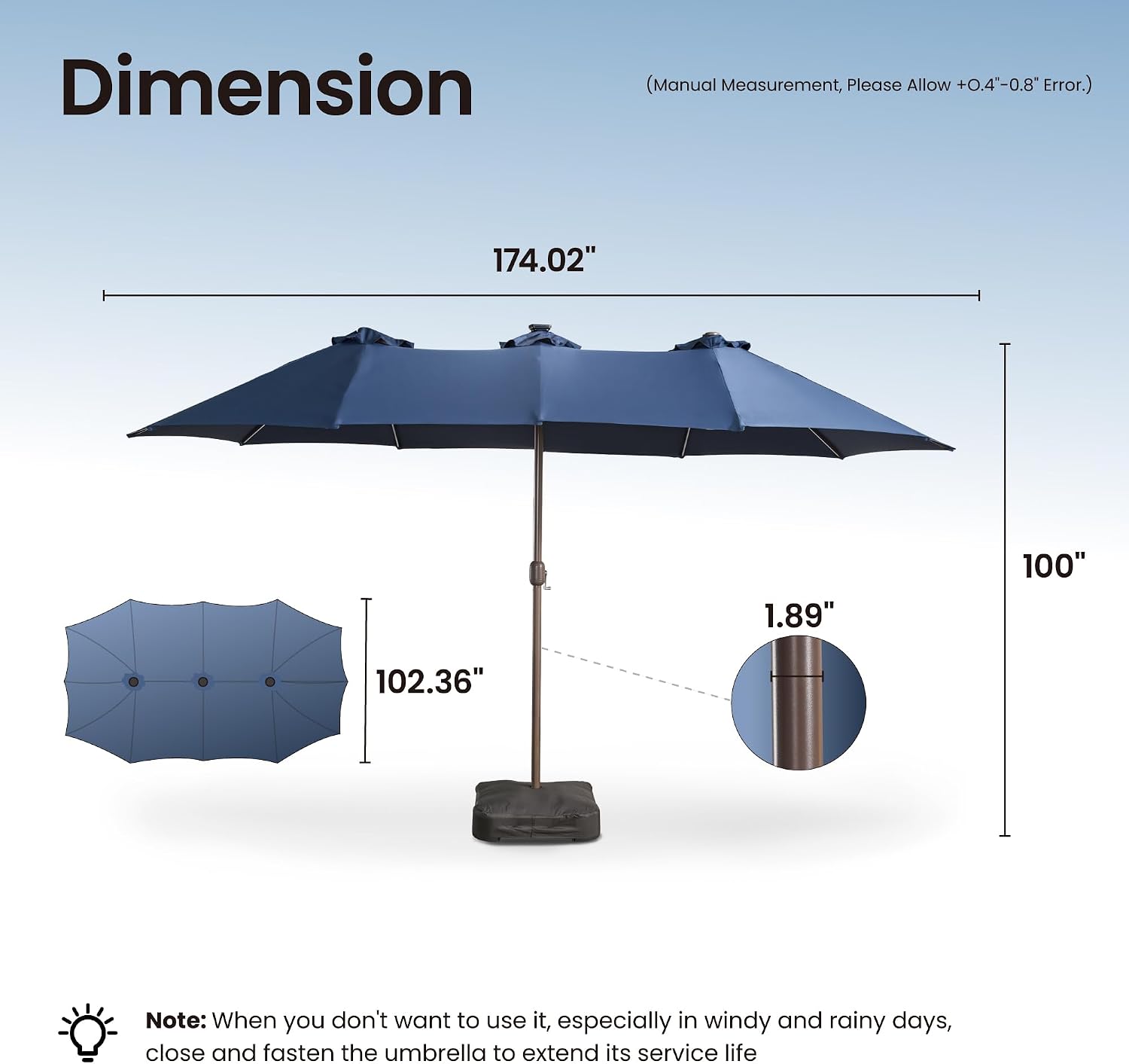 Dimension diagram showing the umbrella's length as 174.02 inches, height as 100 inches, and pole diameter as 1.89 inches.