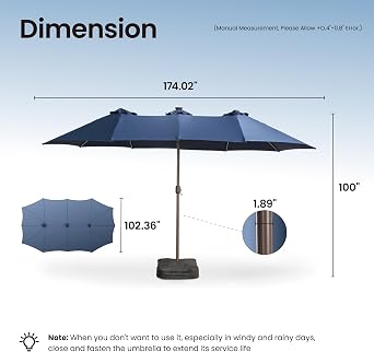 ovios 15ft Large Patio Umbrella with Base & Solar Lights, Double-Sided Outdoor Rectangle Umbrellas with 38 RGB Lights, Umbrella for Outside with Stand