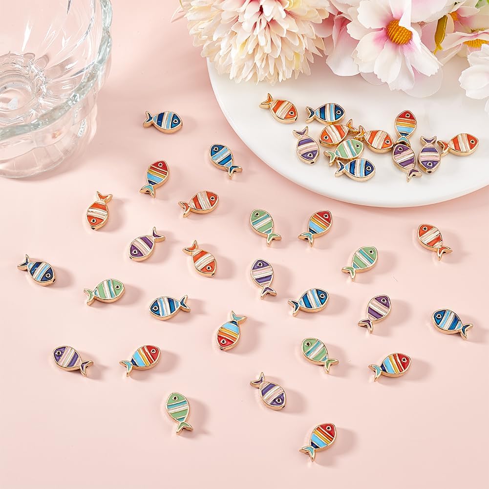 arricraft 30 Pcs Alloy Enamel Fish Spacers, 5 Colors Streak with Golden Side Metal Ocean Animal Beads for Bracelet Necklace Jewelry Making 9x16mm - Image 4