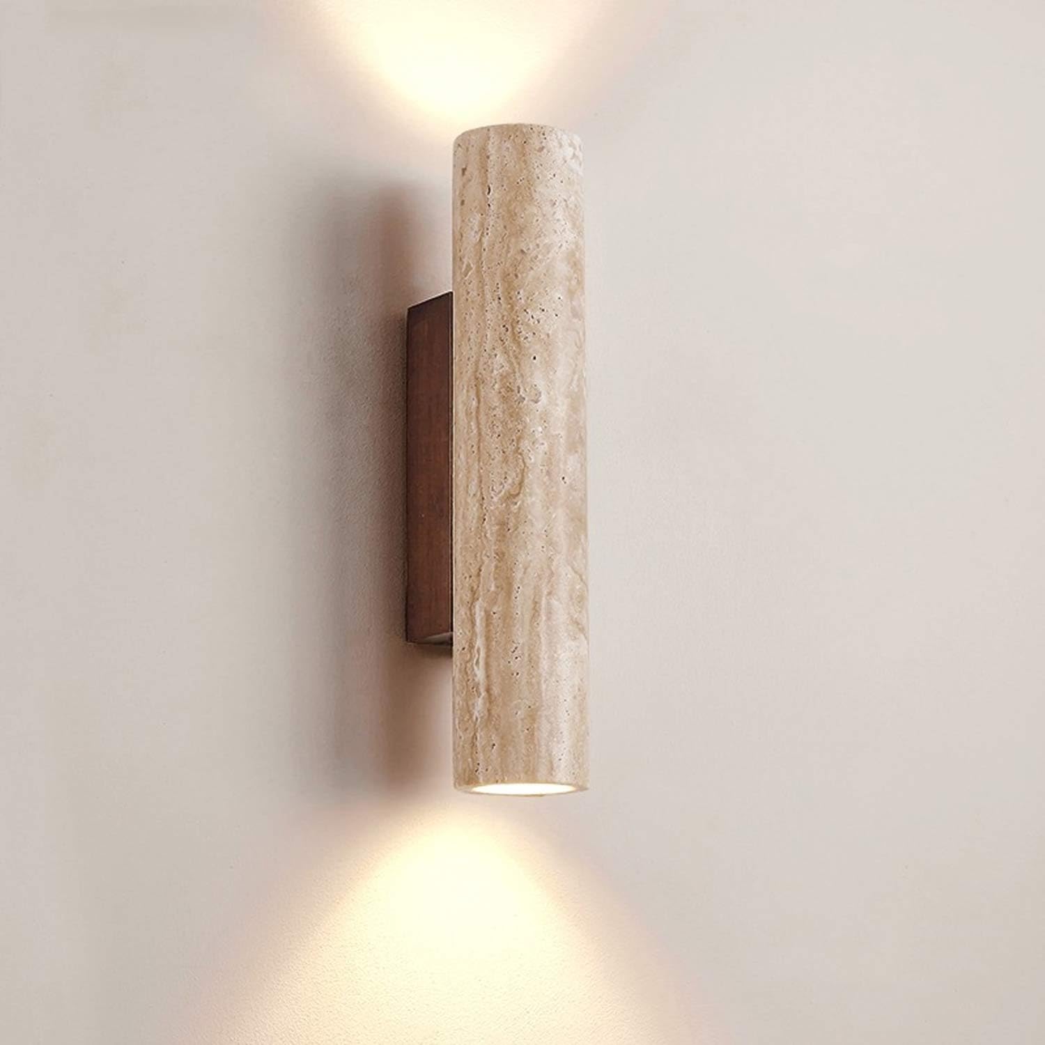 USMJQVZ Yellow Travertine Cave Stone Wall Lamp Wabi Sabi Marble Wall Sconce with Up and Down Natural Stone Lampshade Mid Century Modern Wood Sconce for Bedside Bedroom Living Room Kitchen Island