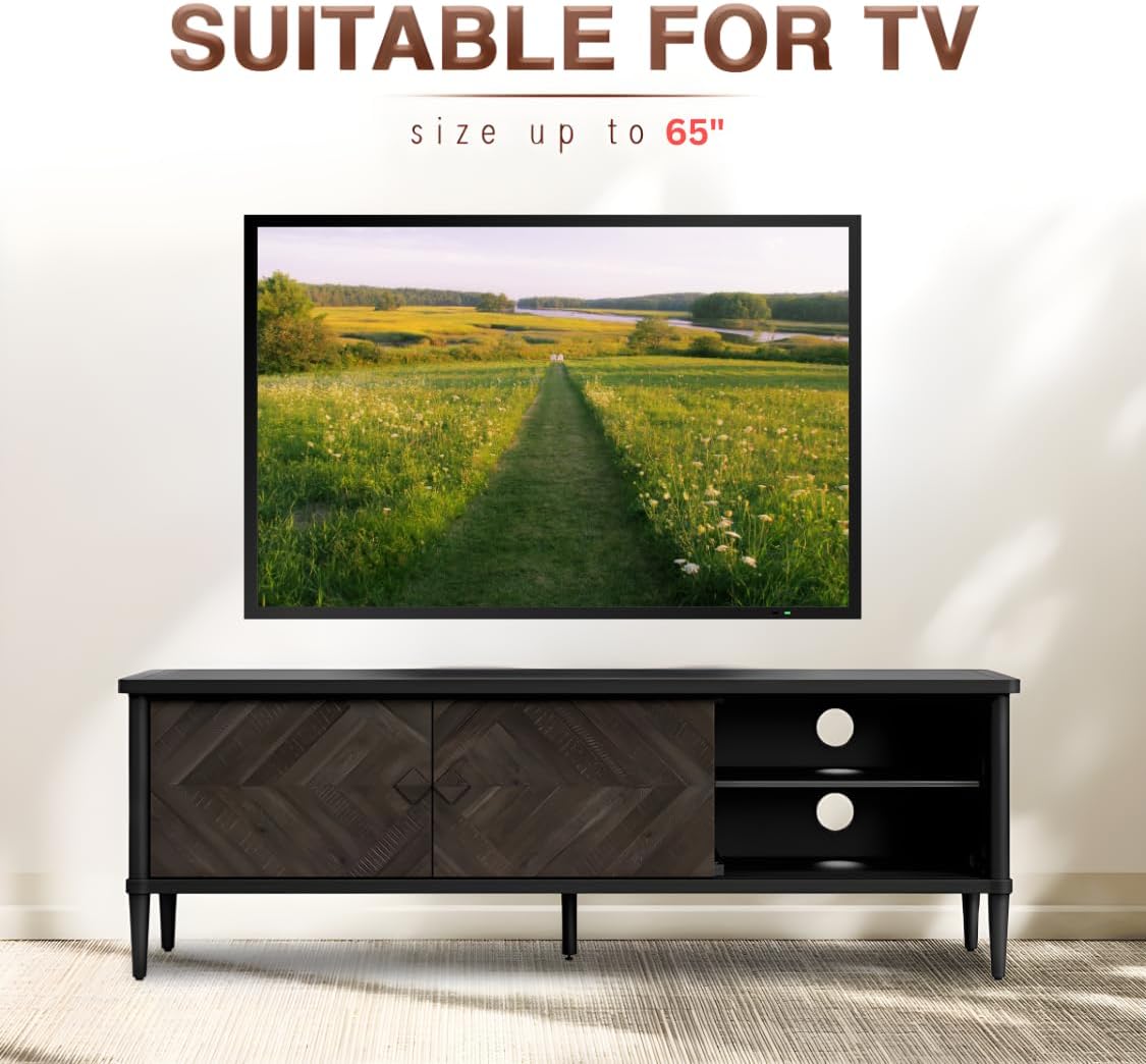 Lenia 65 Inch Solid Acacia Wood TV Stand, Modern Farmhouse Mid Century Media TV Console, Entertainment Center with Storage & Cabinets for Living Room, Mocha Black Finish