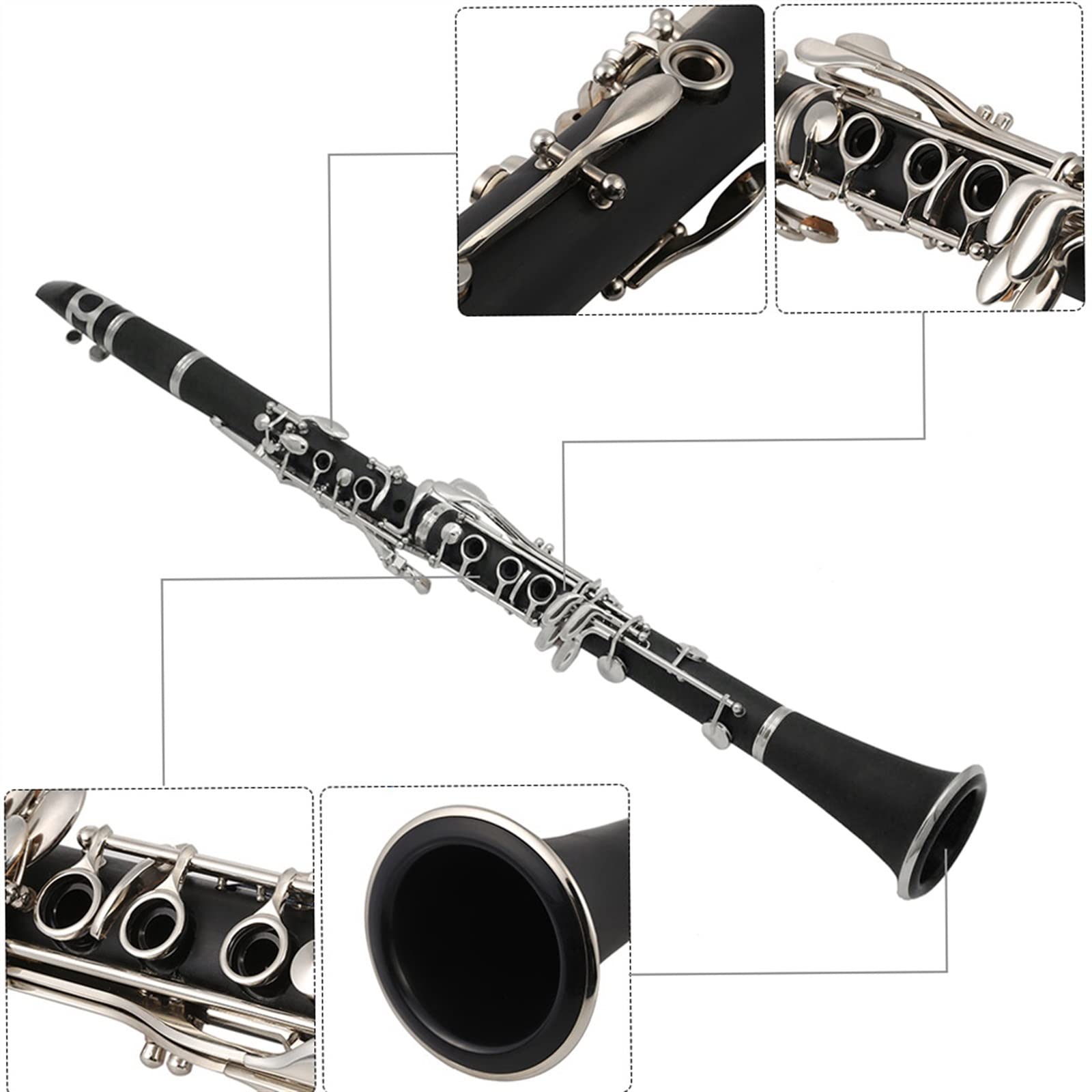 TSTS 17 Chiavi in ​​SIB Clarinetto Cupronichel Nichelato ABS con Panno di Pulizia Guanti Strumento A Fiato per Studenti Principianti Set per clarinetto per Studenti