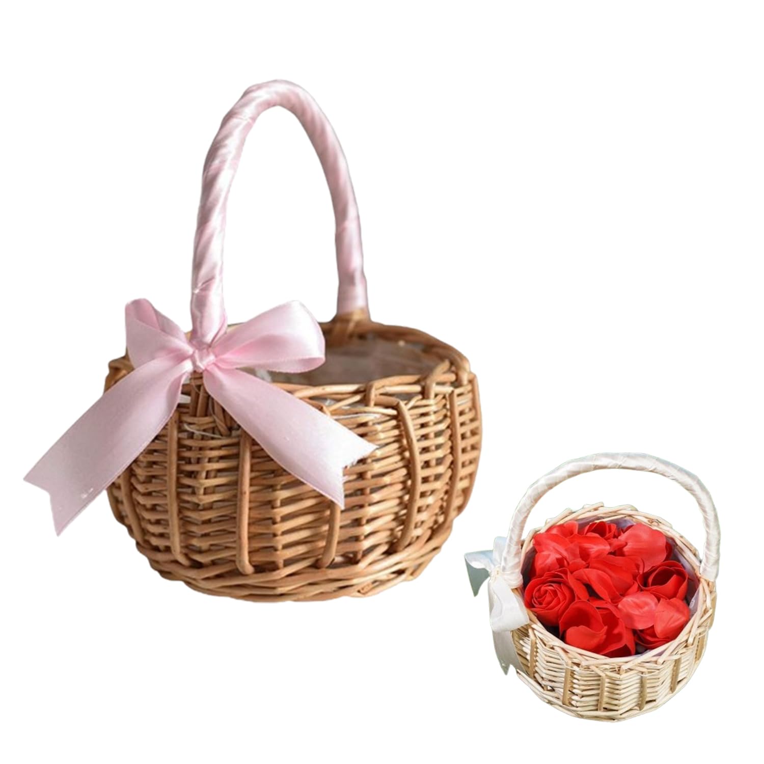 Geflochtener Korb Für Die Hochzeit Blumen, Blumenkorb Mit Henkel Und Schleife, Körbchen Blumenkinder Zum Blumenstreuen, Streukorb Rattankorb, Für Party Festival Hochzeit Fotografie Requisiten (Rosa)