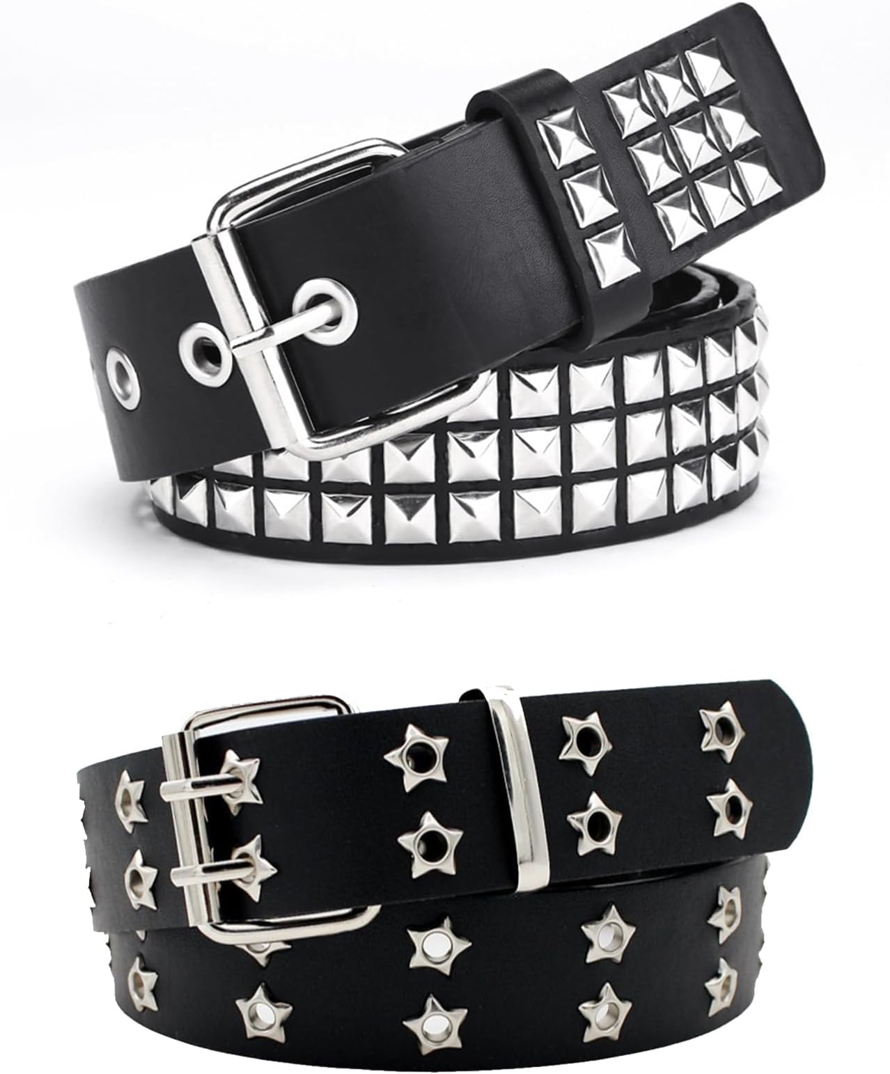 2pcs Studded Gothic Belt - Bright Pyramid Rivets Rock Punk Leather Belt for Jeans Rockwear - Women/Men Gothic Accessories