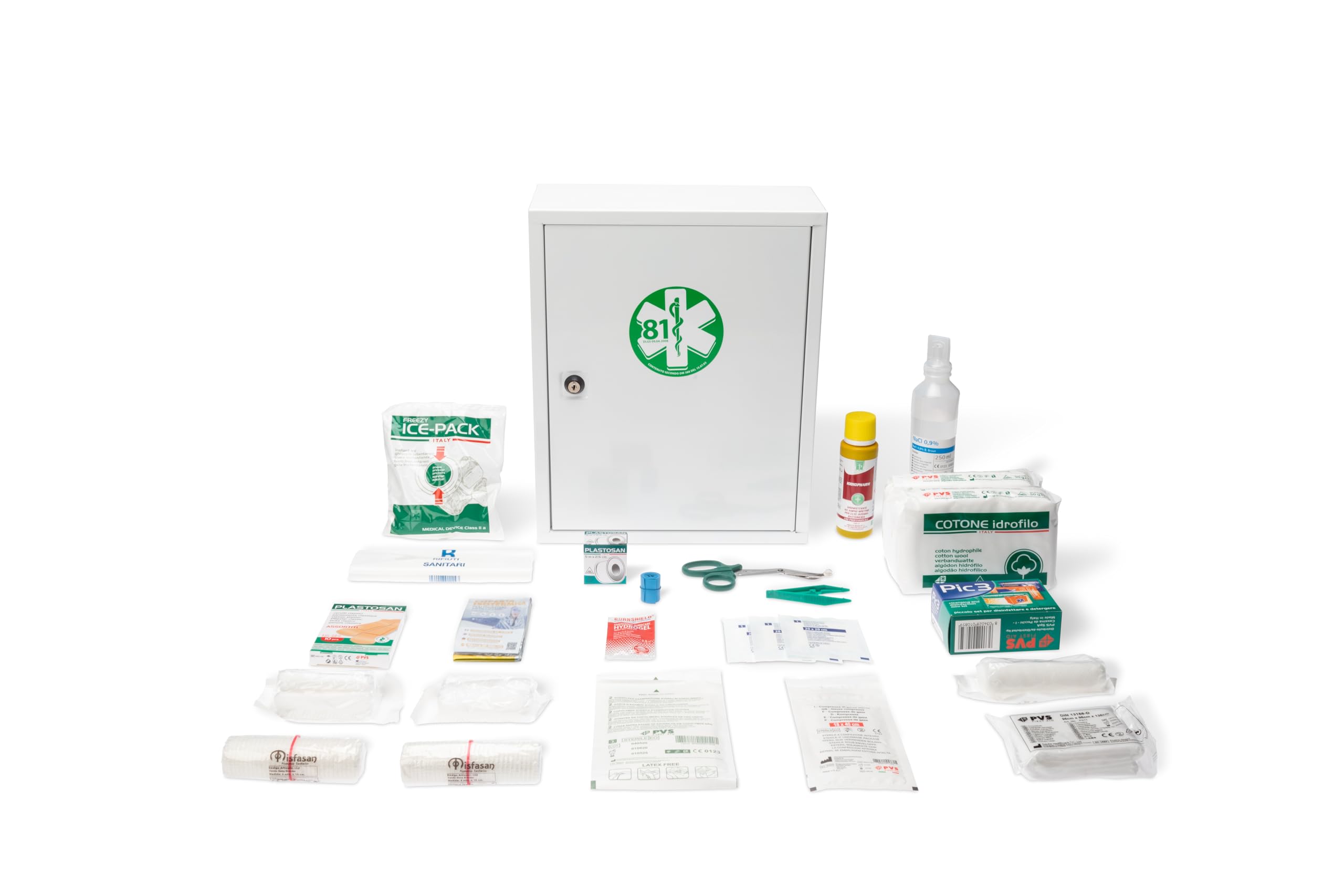 Armadietto di Pronto Soccorso in metallo bianco, 2 vani, 1 ripiano interno, serratura con chiave ALL. 2 contenuto maggiorato FINO A 2 LAVORATORI 370x300x140 mm