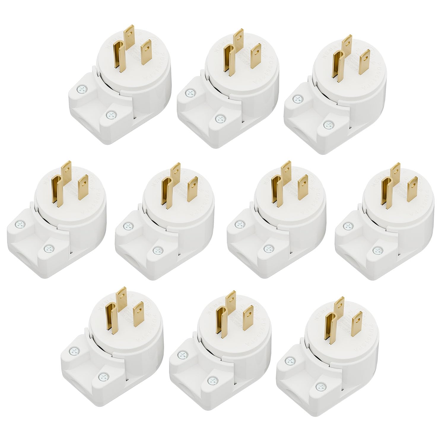 10Pack Nema 5-15P Plug 15A 125V Plug, Plugrand 12 Directions Adjustable Plug, 90 Degree 5-15P 3-Prong Rewireable Plugs, Nema 5-15P Household Right Angle AC Plugs, White, ETL Verified