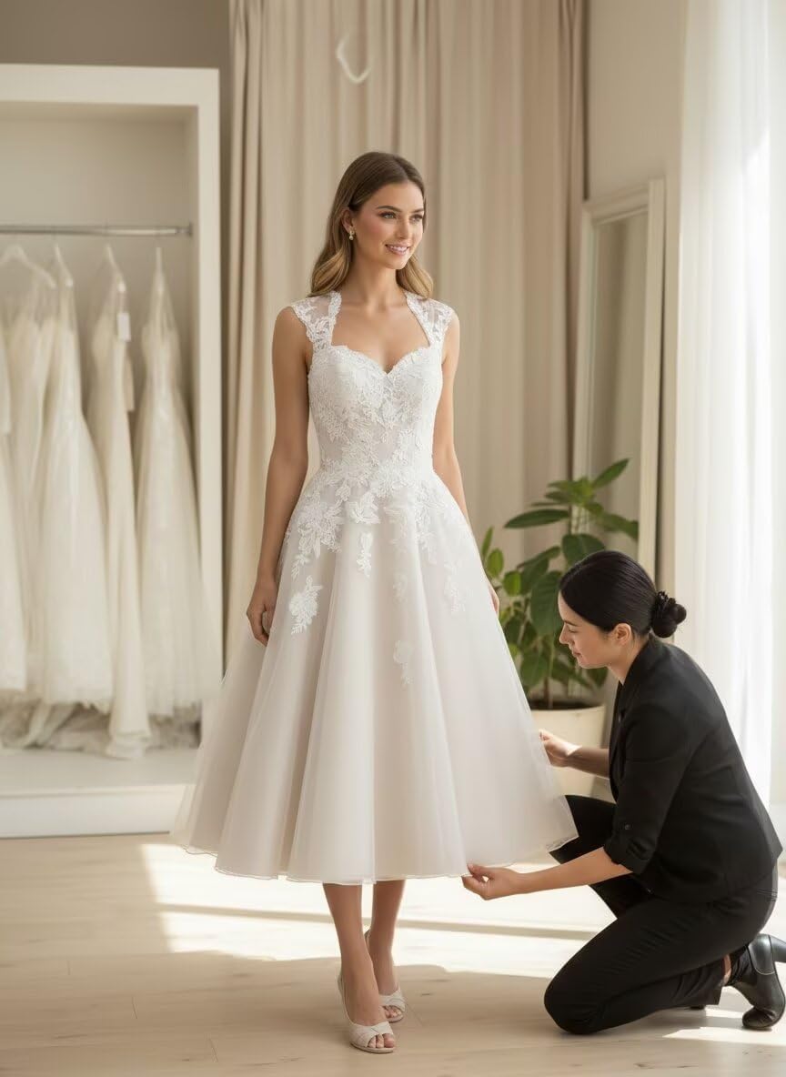Tüll Midi Brautkleider für Braut Tee Länge Boho Spitze Hochzeitskleider mit Ärmeln für Frauen
